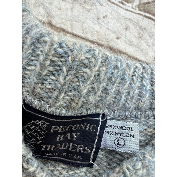 PECONIC BAY TRADERS Men’s Blue Marled Gray Knit Sweater Size L Wool - Picture 3 of 5